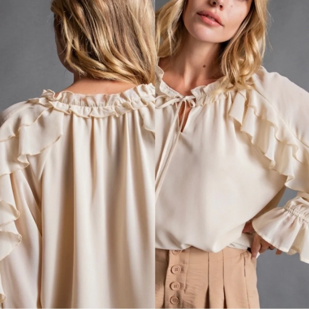 Easel Ruffle Long Sleeve Top. Color: Cream - Picture 3 of 5